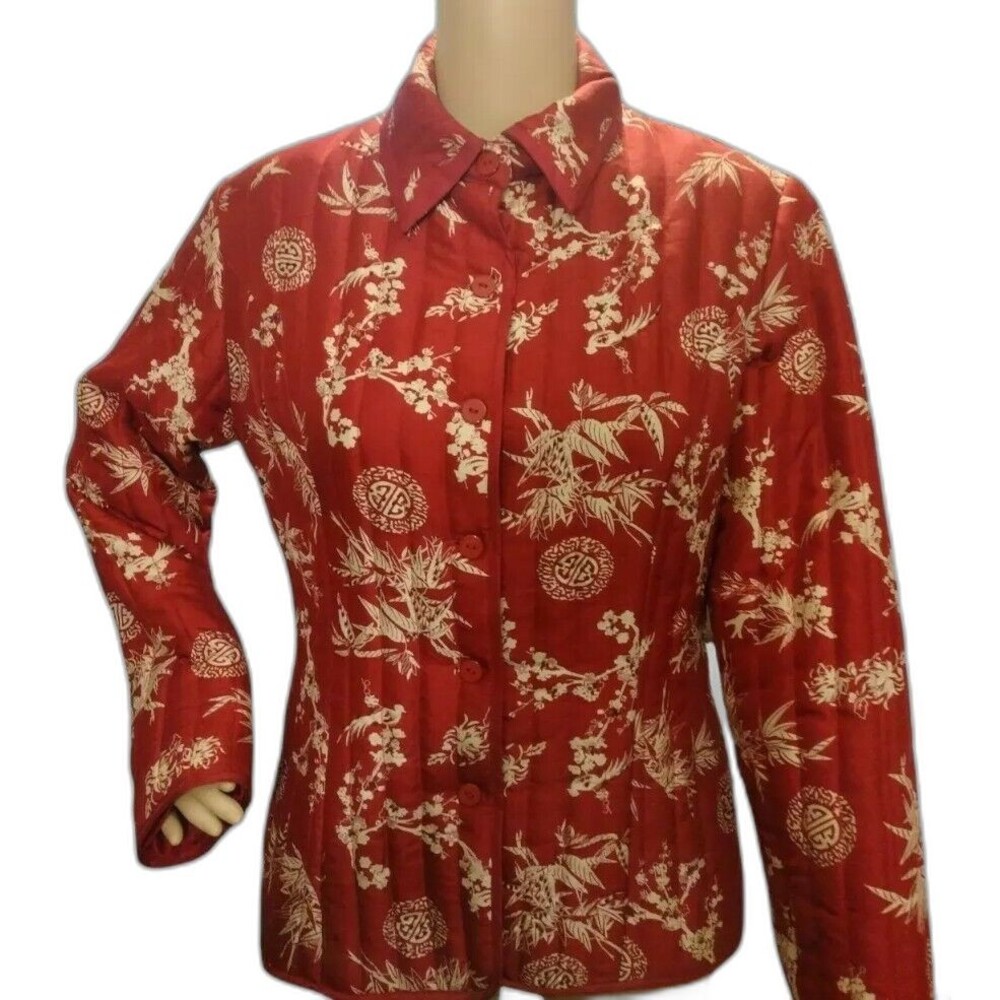 Carole Little Women Top Red Gold Floral Beaded Size M 100% Silk Glam